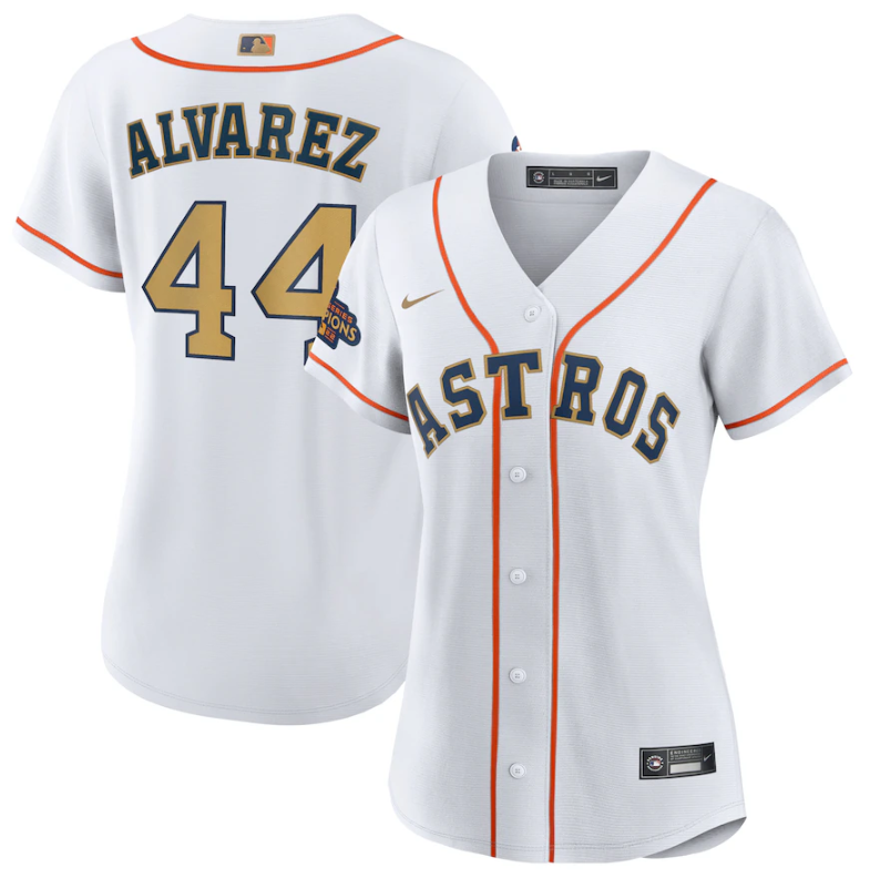 Women's Houston Astros #44 Yordan Alvarez White 2023 Gold Collection With World Serise Champions Patch Stitched Jersey(Run Small) Women's Houston Astros #44 Yordan Alvarez White 2023 Gold Collection With World Serise Champions Patch Stitched Jersey(Run Small)
