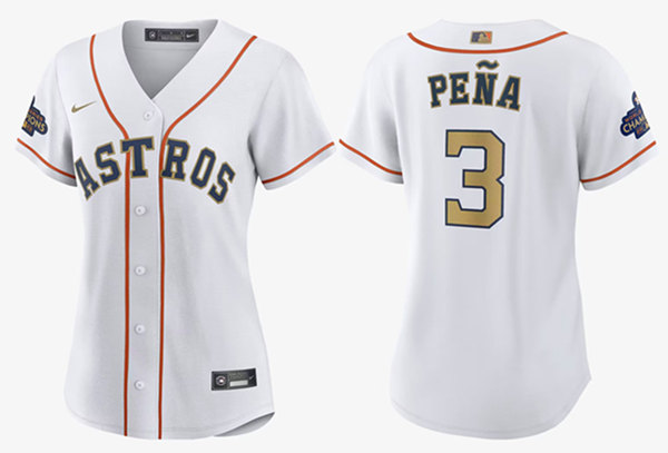 Women's Houston Astros #3 Jeremy Pe?a White 2023 Gold Collection With World Serise Champions Patch Stitched Jersey(Run Small) Women's Houston Astros #3 Jeremy Pe?a White 2023 Gold Collection With World Serise Champions Patch Stitched Jersey(Run Small)