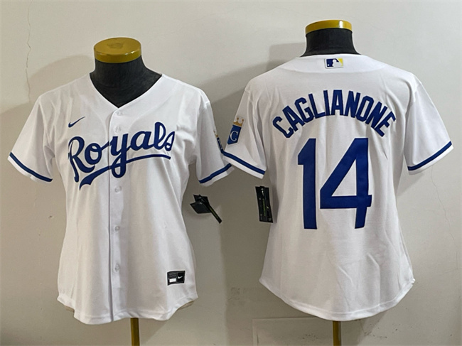 Women's Kansas City Royals #14 Jac Caglianone White Cool Base Stitched Jersey(Run Small) Women's Kansas City Royals #14 Jac Caglianone White Cool Base Stitched Jersey(Run Small)