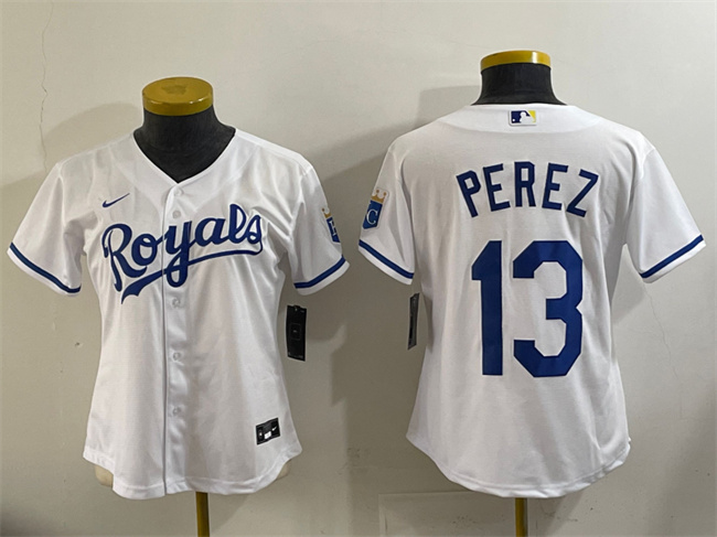 Women's Kansas City Royals #13 Salvador Perez White Cool Base Stitched Jersey(Run Small) Women's Kansas City Royals #13 Salvador Perez White Cool Base Stitched Jersey(Run Small)