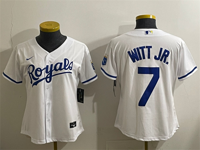 Women's Kansas City Royals #7 Bobby Witt Jr. White Cool Base Stitched Jersey(Run Small) Women's Kansas City Royals #7 Bobby Witt Jr. White Cool Base Stitched Jersey(Run Small)