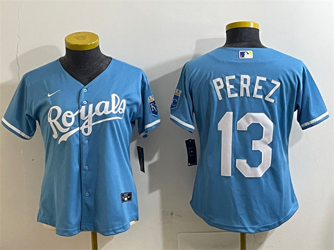 Women's Kansas City Royals #13 Salvador Perez Light Blue Cool Base Stitched Jersey(Run Small) Women's Kansas City Royals #13 Salvador Perez Light Blue Cool Base Stitched Jersey(Run Small)