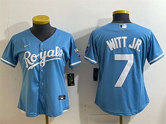 Women's Kansas City Royals #7 Bobby Witt Jr. Light Blue Cool Base Stitched Jersey(Run Small) Women's Kansas City Royals #7 Bobby Witt Jr. Light Blue Cool Base Stitched Jersey(Run Small)