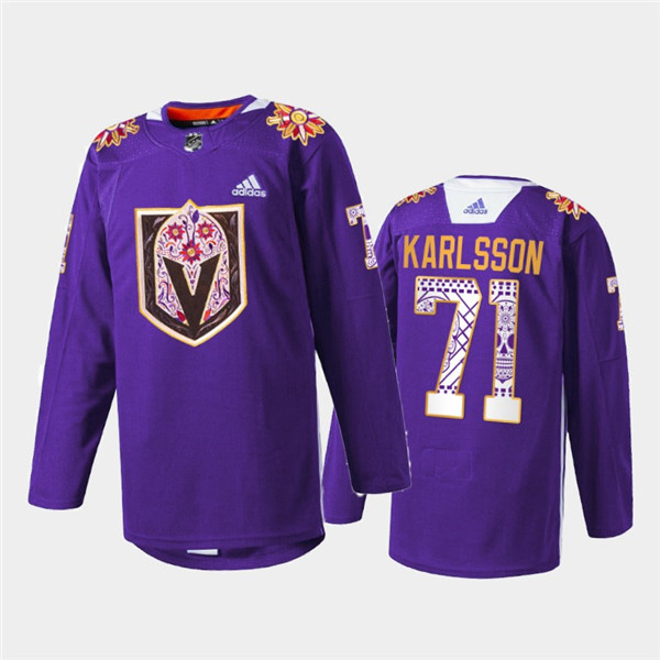 Men's Vegas Golden Knights #71 William Karlsson Purple Hispanic Heritage Warmup Stitched Jersey Men's Vegas Golden Knights #71 William Karlsson Purple Hispanic Heritage Warmup Stitched Jersey