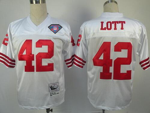 Nike 49ers #42 Ronnie Lott White 1990 Replica 75th Anniversary Patch Men's Stitched NFL Throwback Jersey