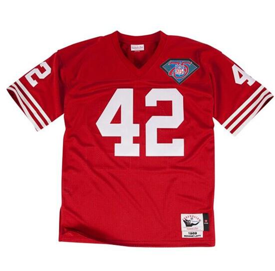 Nike 49ers #42 Ronnie Lott Red 1990 Replica 75th Anniversary Patch Men's Stitched NFL Throwback Jersey