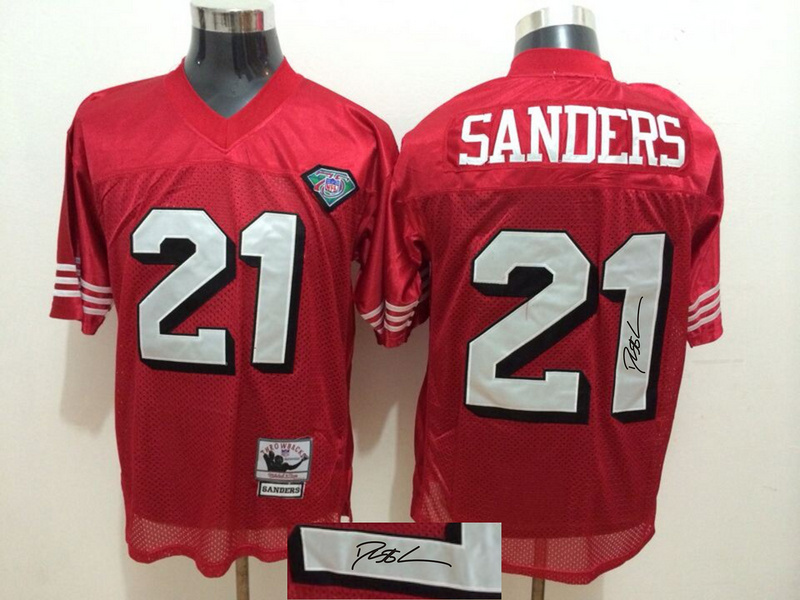 Nike 49ers #21 Deion Sanders Red With 75th Anniversary Patch Signature Edition M & N Jersey