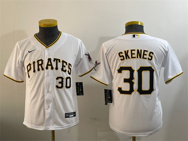 Youth Pittsburgh Pirates #30 Paul Skenes White With Patch Cool Base Stitched Baseball Jersey Youth Pittsburgh Pirates #30 Paul Skenes White With Patch Cool Base Stitched Baseball Jersey