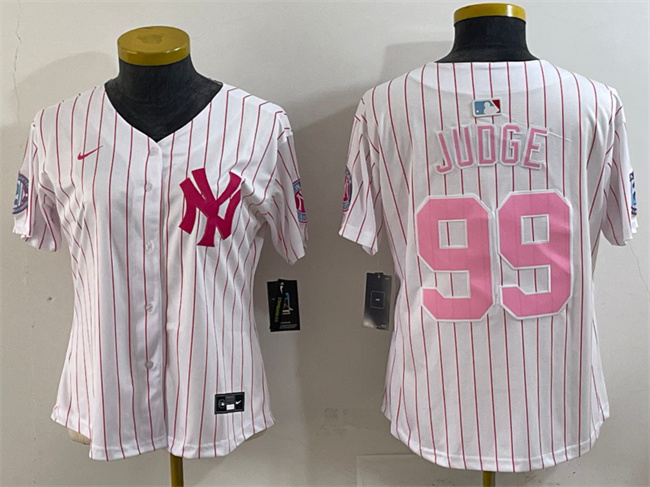 Women's New York Yankees #99 Aaron Judge White Pink Pinstripe Limited Stitched Baseball Jersey(Run Small) Women's New York Yankees #99 Aaron Judge White Pink Pinstripe Limited Stitched Baseball Jersey(Run Small)