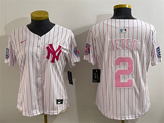 Women's New York Yankees #2 Derek Jeter White Pink Pinstripe Limited Stitched Baseball Jersey(Run Small) Women's New York Yankees #2 Derek Jeter White Pink Pinstripe Limited Stitched Baseball Jersey(Run Small)