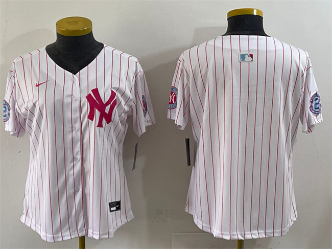 Women's New York Yankees Blank White Pink Pinstripe Limited Stitched Baseball Jersey(Run Small) Women's New York Yankees Blank White Pink Pinstripe Limited Stitched Baseball Jersey(Run Small)
