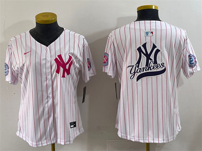 Women's New York Yankees Team Big Logo White Pink Pinstripe Limited Stitched Baseball Jersey 003(Run Small) Women's New York Yankees Team Big Logo White Pink Pinstripe Limited Stitched Baseball Jersey 003(Run Small)