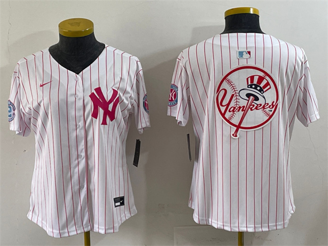 Women's New York Yankees Team Big Logo White Pink Pinstripe Limited Stitched Baseball Jersey 002(Run Small) Women's New York Yankees Team Big Logo White Pink Pinstripe Limited Stitched Baseball Jersey 002(Run Small)