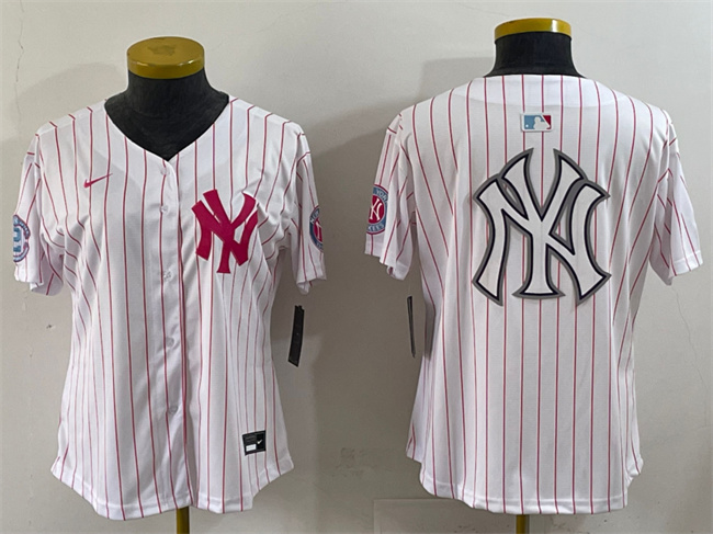 Women's New York Yankees Team Big Logo White Pink Pinstripe Limited Stitched Baseball Jersey 001(Run Small) Women's New York Yankees Team Big Logo White Pink Pinstripe Limited Stitched Baseball Jersey 001(Run Small)