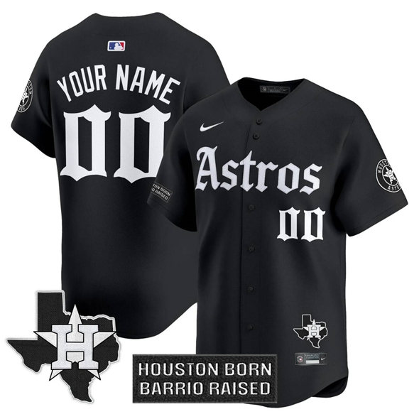 Men's Houston Astros Active Player Custom Black Gothic 'Houston Born Barrio Raised' Limited Stitched Baseball Jersey Men's Houston Astros Active Player Custom Black Gothic 'Houston Born Barrio Raised' Limited Stitched Baseball Jersey
