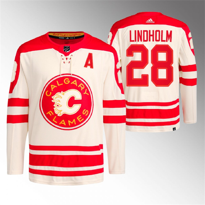 Men's Calgary Flames #28 Elias Lindholm 2023 Cream Heritage Classic Primegreen Stitched Jersey Men's Calgary Flames #28 Elias Lindholm 2023 Cream Heritage Classic Primegreen Stitched Jersey