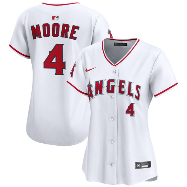 Women's Los Angeles Angels #4 Christian Moore White Home Stitched Baseball Jersey(Run Small) Women's Los Angeles Angels #4 Christian Moore White Home Stitched Baseball Jersey(Run Small)
