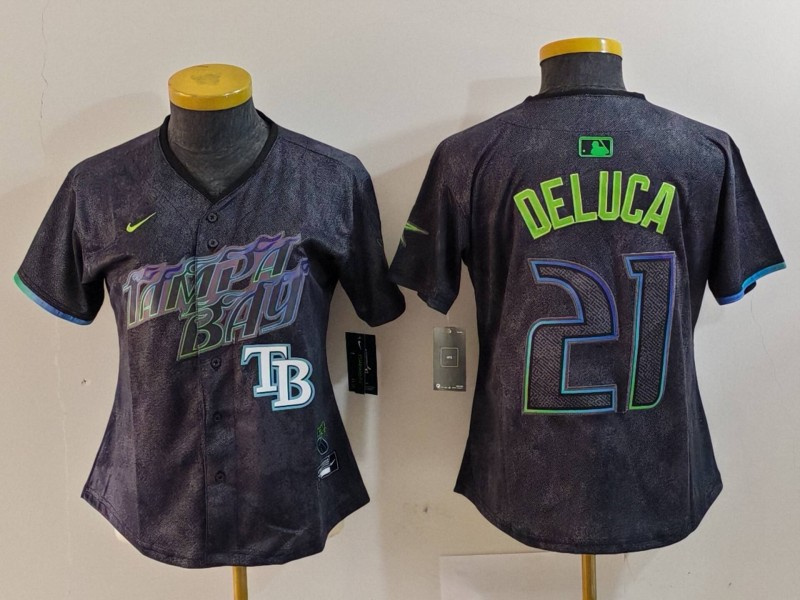 Women's Tampa Bay Rays #21 Jonny DeLuca Charcoal 2024 City Connect Limited Stitched Baseball Jersey(Run Small) 5 Women's Tampa Bay Rays #21 Jonny DeLuca Charcoal 2024 City Connect Limited Stitched Baseball Jersey(Run Small) 5