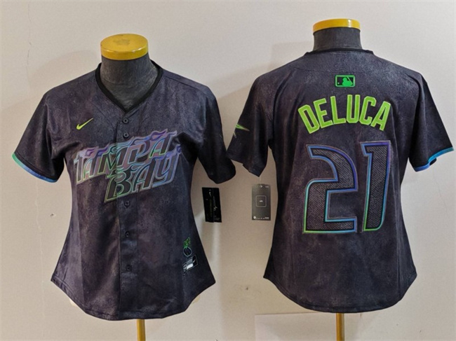 Women's Tampa Bay Rays #21 Jonny DeLuca Charcoal 2024 City Connect Limited Stitched Baseball Jersey(Run Small) Women's Tampa Bay Rays #21 Jonny DeLuca Charcoal 2024 City Connect Limited Stitched Baseball Jersey(Run Small)
