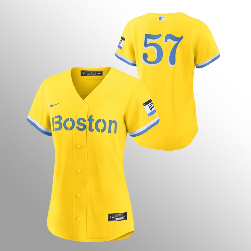 Boston Red Sox #57 Eduardo Rodriguez Women's Nike 2021 City Connect Gold Fans Version MLB Jersey - No Name Boston Red Sox #57 Eduardo Rodriguez Women's Nike 2021 City Connect Gold Fans Version MLB Jersey - No Name