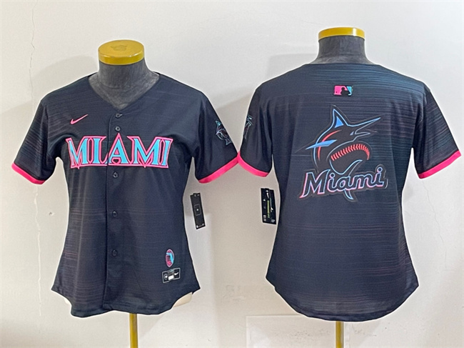 Women's Miami Marlins Team Big Logo Black 2025 City Connect Limited Stitched Baseball Jersey Women's Miami Marlins Team Big Logo Black 2025 City Connect Limited Stitched Baseball Jersey