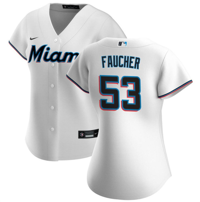 Women's Miami Marlins #53 Calvin Faucher White Cool Base Stitched Baseball Jersey Women's Miami Marlins #53 Calvin Faucher White Cool Base Stitched Baseball Jersey
