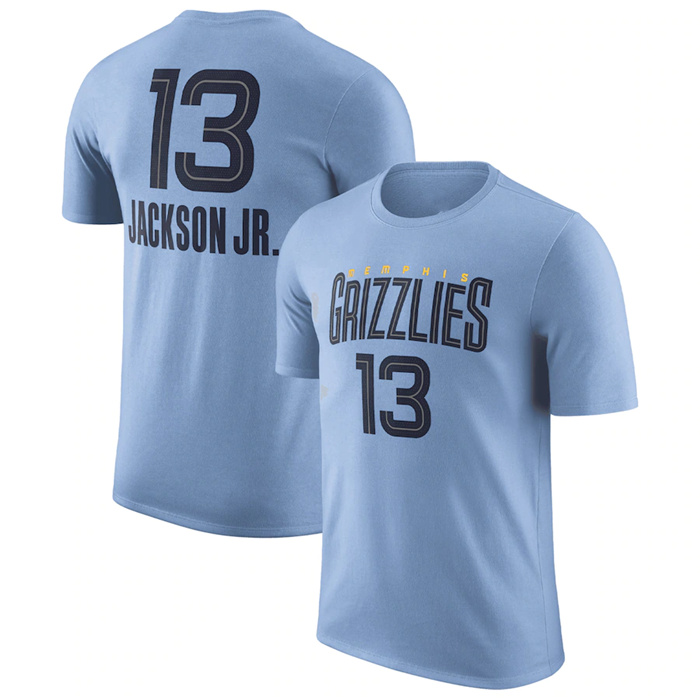 Men's Memphis Grizzlies #13 Jaren Jackson Jr. Light Blue 2022 23 Statement Edition Name & Number T-Shirt Men's Memphis Grizzlies #13 Jaren Jackson Jr. Light Blue 2022 23 Statement Edition Name & Number T-Shirt