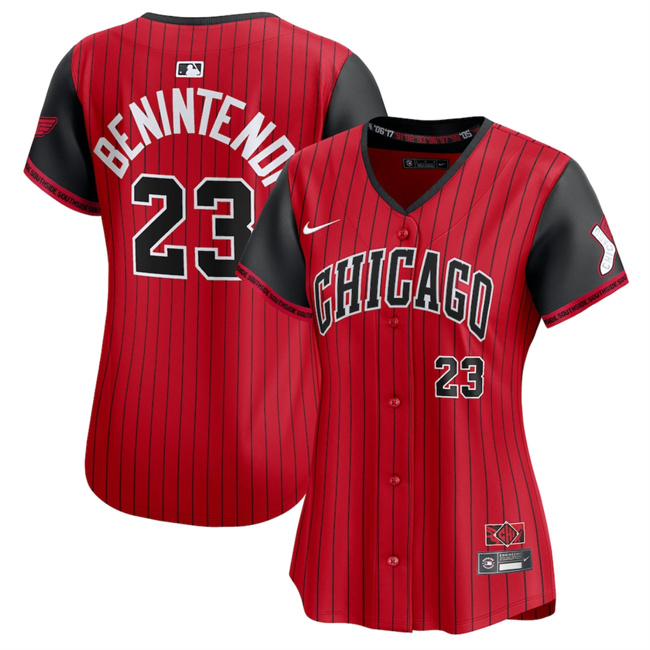 Women's Chicago White Sox #23 Andrew Benintendi Red Black 2025 City Connect Limited Stitched Baseball Jersey(Run Small) Women's Chicago White Sox #23 Andrew Benintendi Red Black 2025 City Connect Limited Stitched Baseball Jersey(Run Small)