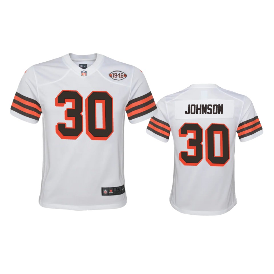 Youth Browns #30 D'Ernest Johnson Nike 1946 Collection Alternate Game Limited NFL Jersey - White Youth Browns #30 D'Ernest Johnson Nike 1946 Collection Alternate Game Limited NFL Jersey - White