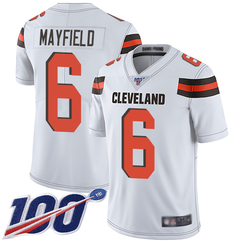 Browns #6 Baker Mayfield White Youth Stitched Football 100th Season Vapor Limited Jersey Browns #6 Baker Mayfield White Youth Stitched Football 100th Season Vapor Limited Jersey