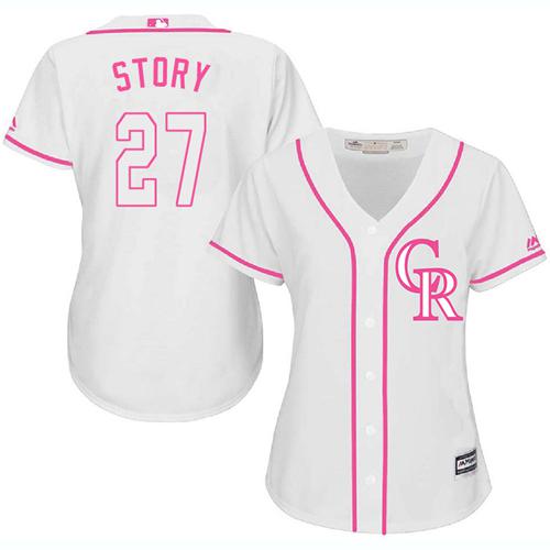 Rockies #27 Trevor Story White Pink Fashion Women's Stitched MLB Jersey Rockies #27 Trevor Story White Pink Fashion Women's Stitched MLB Jersey