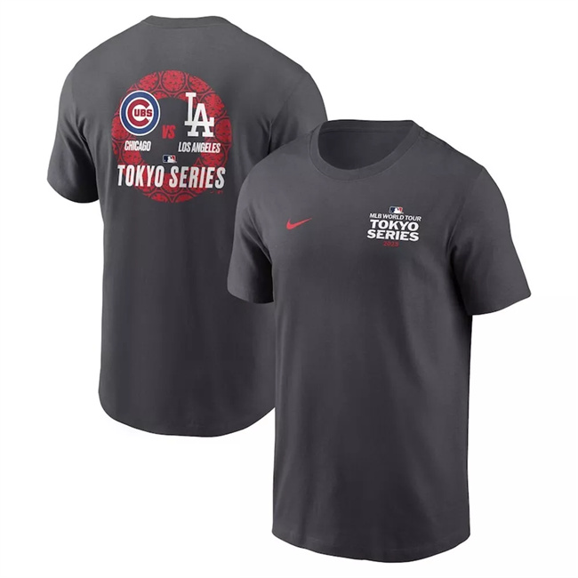 Men's Los Angeles Dodgers Vs. Chicago Cubs Matchup Anthracite 2025 Tokyo Series T-Shirt Men's Los Angeles Dodgers Vs. Chicago Cubs Matchup Anthracite 2025 Tokyo Series T-Shirt