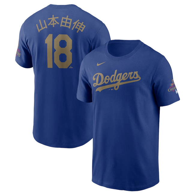 Men's Los Angeles Dodgers #18 山本由伸 Royal 2025 Gold Collection Kanji Name & Number T-Shirt Men's Los Angeles Dodgers #18 山本由伸 Royal 2025 Gold Collection Kanji Name & Number T-Shirt