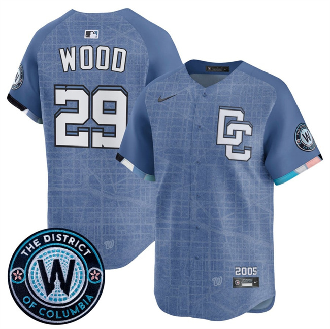 Youth Washington Nationals #29 James Wood Blue 2025 City Connect Limited Stitched Baseball Jersey Youth Washington Nationals #29 James Wood Blue 2025 City Connect Limited Stitched Baseball Jersey
