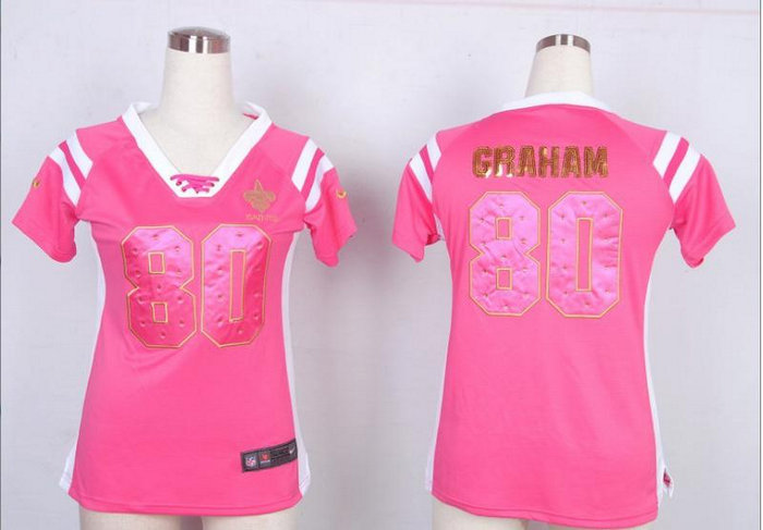 NEW New Orleans Saints 80 Jimmy Graham Women Draft Him Shimmer V-Neck T-Shirt - Pink