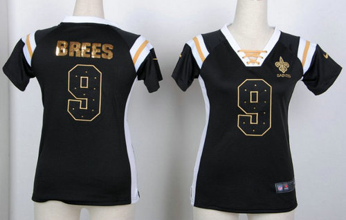 New Orleans Saints 9 Drew Brees Womens Draft Him Shimmer V-Neck T-Shirt - Black New Orleans Saints 9 Drew Brees Womens Draft Him Shimmer V-Neck T-Shirt - Black
