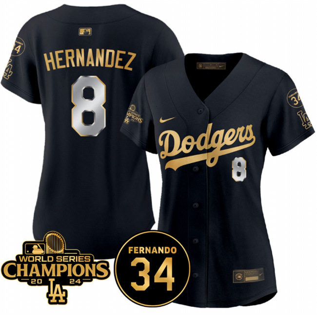 Women's Los Angeles Dodgers #8 Enrique Hernández Black Gold 2024 World Series Champions & Fernando Memorial Patch Limited Stitched Baseball Jersey(Run Small) Women's Los Angeles Dodgers #8 Enrique Hernández Black Gold 2024 World Series Champions & Fernando Memorial Patch Limited Stitched Baseball Jersey(Run Small)