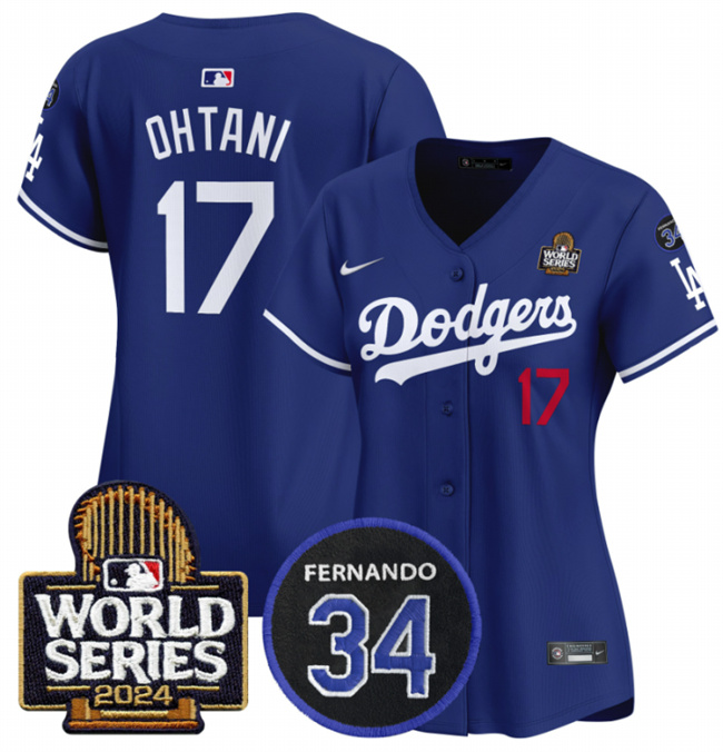 Women's Los Angeles Dodgers #17 Shohei Ohtani Royal 2024 World Series & Fernando Memorial Patch Limited Stitched Baseball Jersey(Run Small) Women's Los Angeles Dodgers #17 Shohei Ohtani Royal 2024 World Series & Fernando Memorial Patch Limited Stitched Baseball Jersey(Run Small)