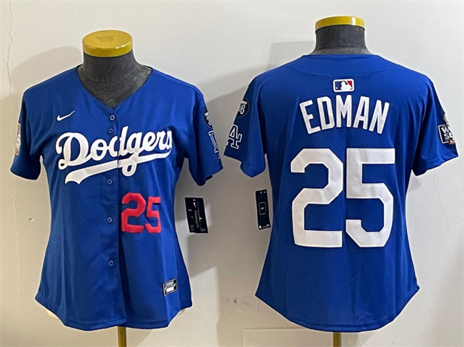 Women's Los Angeles Dodgers #25 Tommy Edman Royal 2024 World Series With Fernando Memorial Patch Alternate Limited Stitched Baseball Jersey(Run Small) Women's Los Angeles Dodgers #25 Tommy Edman Royal 2024 World Series With Fernando Memorial Patch Alternate Limited Stitched Baseball Jersey(Run Small)