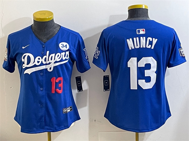 Women's Los Angeles Dodgers #13 Max Muncy Royal 2024 World Series With No. 34 Patch Alternate Limited Stitched Baseball Jersey(Run Small) Women's Los Angeles Dodgers #13 Max Muncy Royal 2024 World Series With No. 34 Patch Alternate Limited Stitched Baseball Jersey(Run Small)