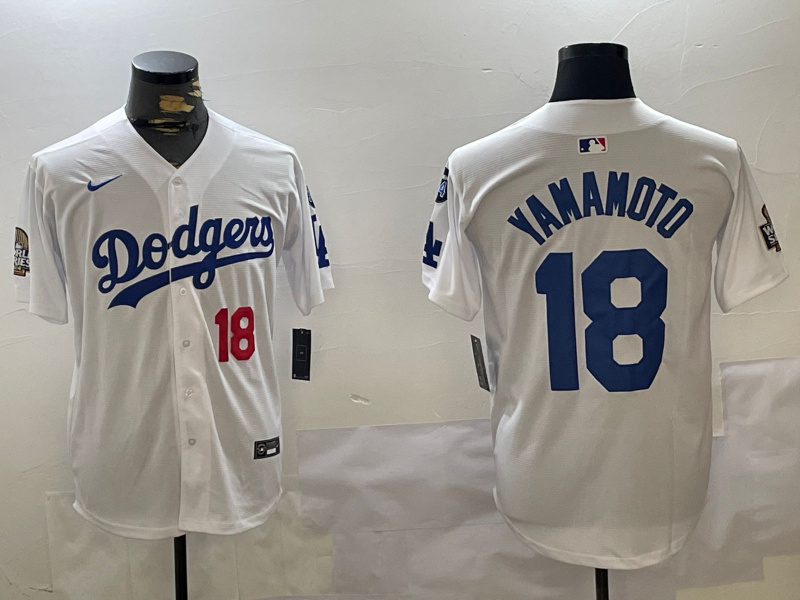 Men's Los Angeles Dodgers #18 Yoshinobu Yamamoto White 2024 World Series With Fernando Memorial Patch Home Limited Stitched Baseball Jersey 3 Men's Los Angeles Dodgers #18 Yoshinobu Yamamoto White 2024 World Series With Fernando Memorial Patch Home Limited Stitched Baseball Jersey 3