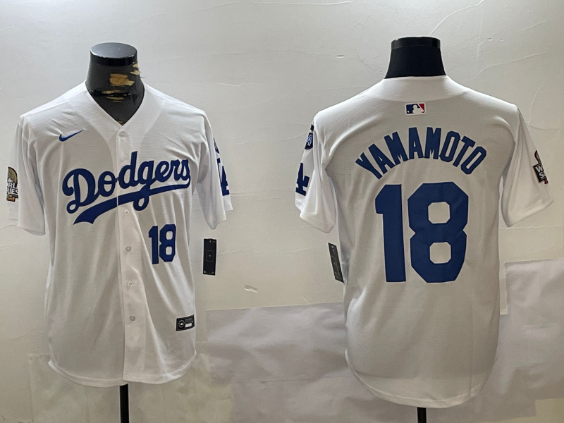 Men's Los Angeles Dodgers #18 Yoshinobu Yamamoto White 2024 World Series With Fernando Memorial Patch Home Limited Stitched Baseball Jersey Men's Los Angeles Dodgers #18 Yoshinobu Yamamoto White 2024 World Series With Fernando Memorial Patch Home Limited Stitched Baseball Jersey