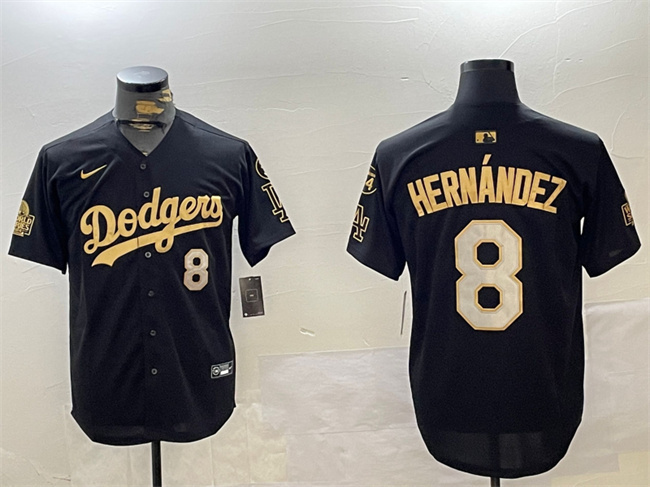 Men's Los Angeles Dodgers #8 Enrique Hernández Black Gold 2024 World Series With Fernando Memorial Patch Limited Stitched Baseball Jersey Men's Los Angeles Dodgers #8 Enrique Hernández Black Gold 2024 World Series With Fernando Memorial Patch Limited Stitched Baseball Jersey