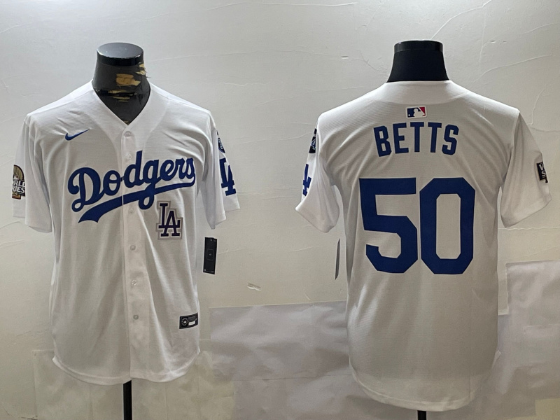 Men's Los Angeles Dodgers #50 Mookie Betts White 2024 World Series With Fernando Memorial Patch Home Limited Stitched Baseball Jersey 6 Men's Los Angeles Dodgers #50 Mookie Betts White 2024 World Series With Fernando Memorial Patch Home Limited Stitched Baseball Jersey 6