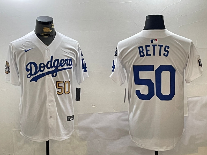 Men's Los Angeles Dodgers #50 Mookie Betts White 2024 World Series With Fernando Memorial Patch Home Limited Stitched Baseball Jersey 5 Men's Los Angeles Dodgers #50 Mookie Betts White 2024 World Series With Fernando Memorial Patch Home Limited Stitched Baseball Jersey 5
