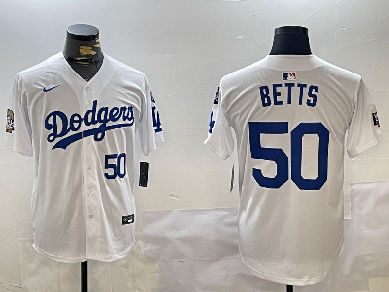 Men's Los Angeles Dodgers #50 Mookie Betts White 2024 World Series With Fernando Memorial Patch Home Limited Stitched Baseball Jersey 2 Men's Los Angeles Dodgers #50 Mookie Betts White 2024 World Series With Fernando Memorial Patch Home Limited Stitched Baseball Jersey 2