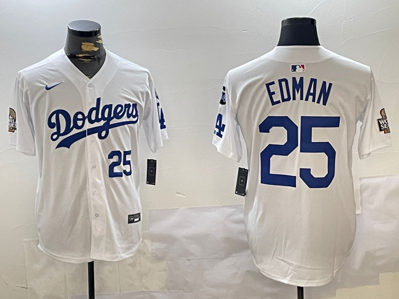 Men's Los Angeles Dodgers #25 Tommy Edman White 2024 World Series With Fernando Memorial Patch Home Limited Stitched Baseball Jersey 2 Men's Los Angeles Dodgers #25 Tommy Edman White 2024 World Series With Fernando Memorial Patch Home Limited Stitched Baseball Jersey 2