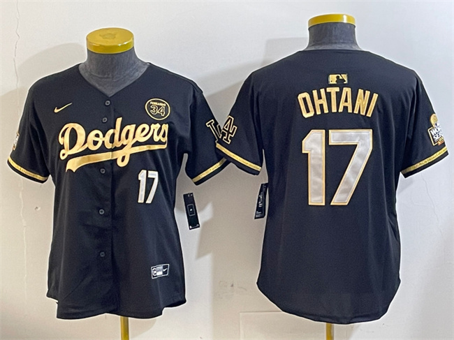 Women's Los Angeles Dodgers #17 Shohei Ohtani Black Gold 2024 World Series With Fernando Memorial Patch Limited Stitched Baseball Jersey(Run Small) 1 Women's Los Angeles Dodgers #17 Shohei Ohtani Black Gold 2024 World Series With Fernando Memorial Patch Limited Stitched Baseball Jersey(Run Small) 1