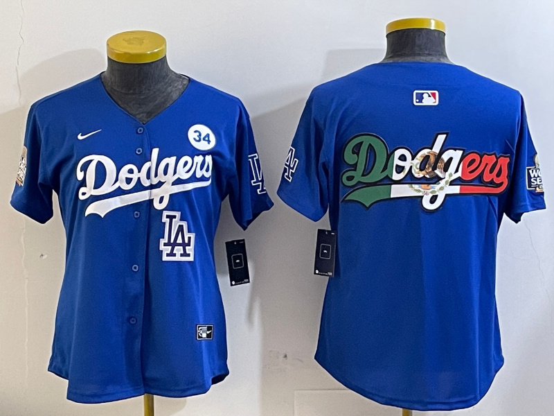 Women's Los Angeles Dodgers Blank Blue 2024 World Series With No. 34 Patch Home Limited Stitched Baseball Jersey(Run Small) 3 Women's Los Angeles Dodgers Blank Blue 2024 World Series With No. 34 Patch Home Limited Stitched Baseball Jersey(Run Small) 3