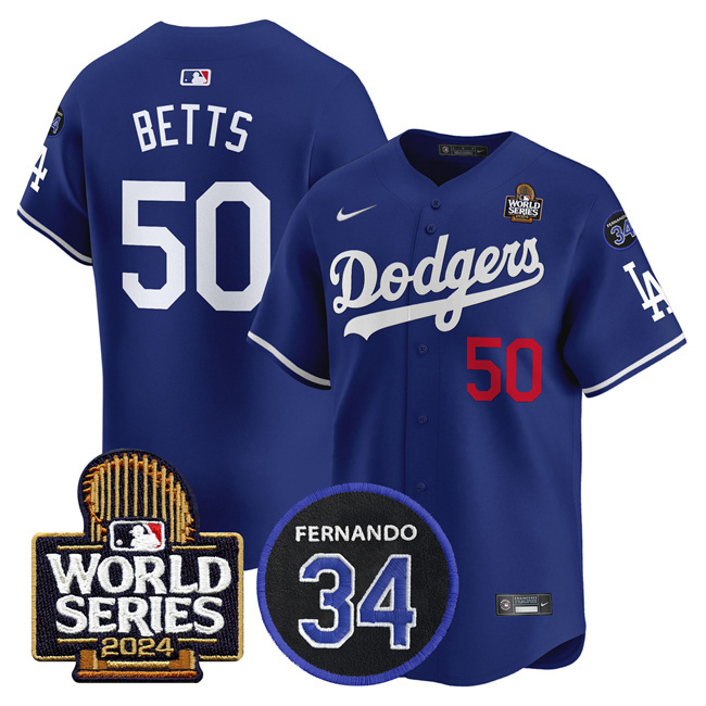 Men's Los Angeles Dodgers #50 Mookie Betts Royal 2024 World Series With Fernando Memorial Patch Limited Stitched Baseball Jersey Men's Los Angeles Dodgers #50 Mookie Betts Royal 2024 World Series With Fernando Memorial Patch Limited Stitched Baseball Jersey